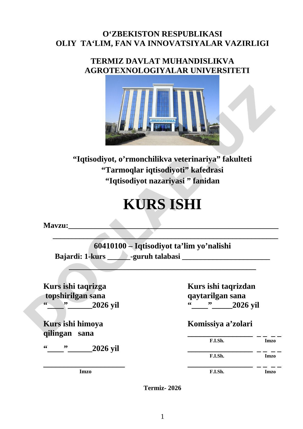 Iqtisodiyot nazariyasi fanidan kurs ishi