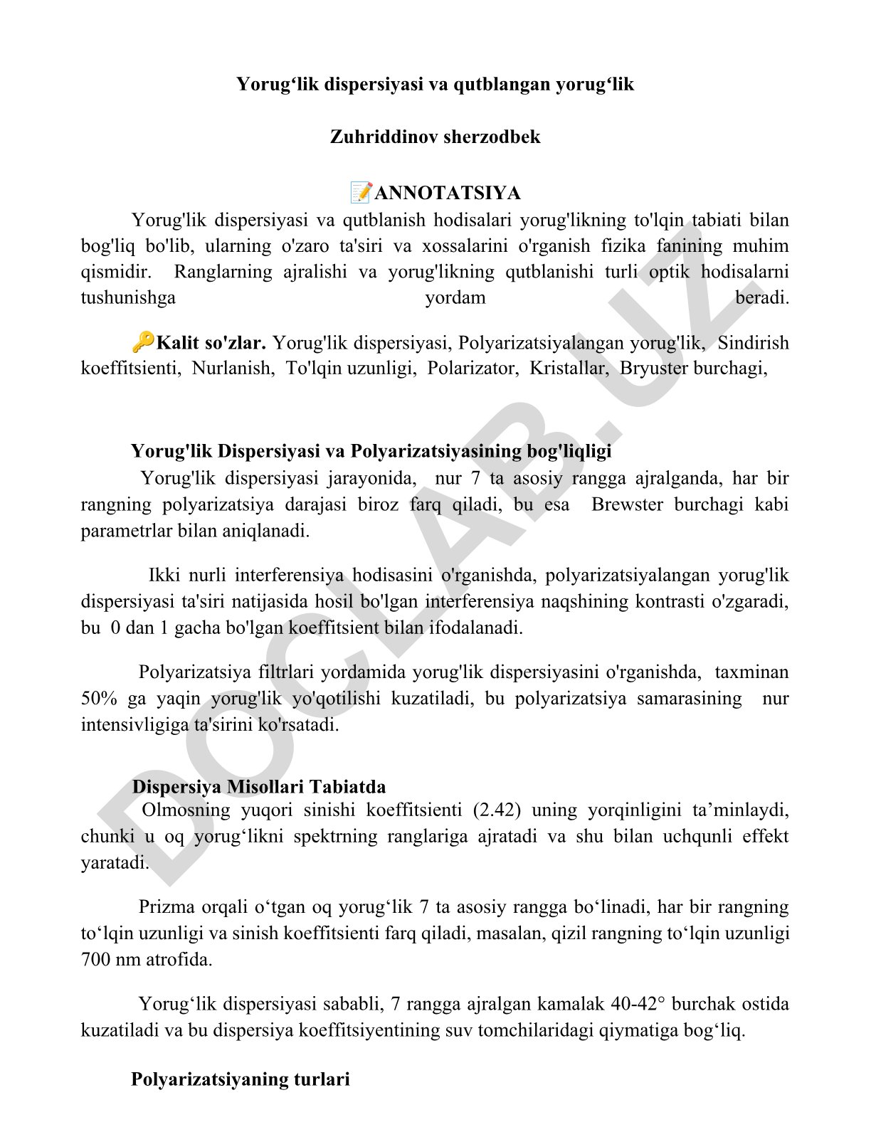 Yorugʻlik dispersiyasi va qutblangan yorugʻlik