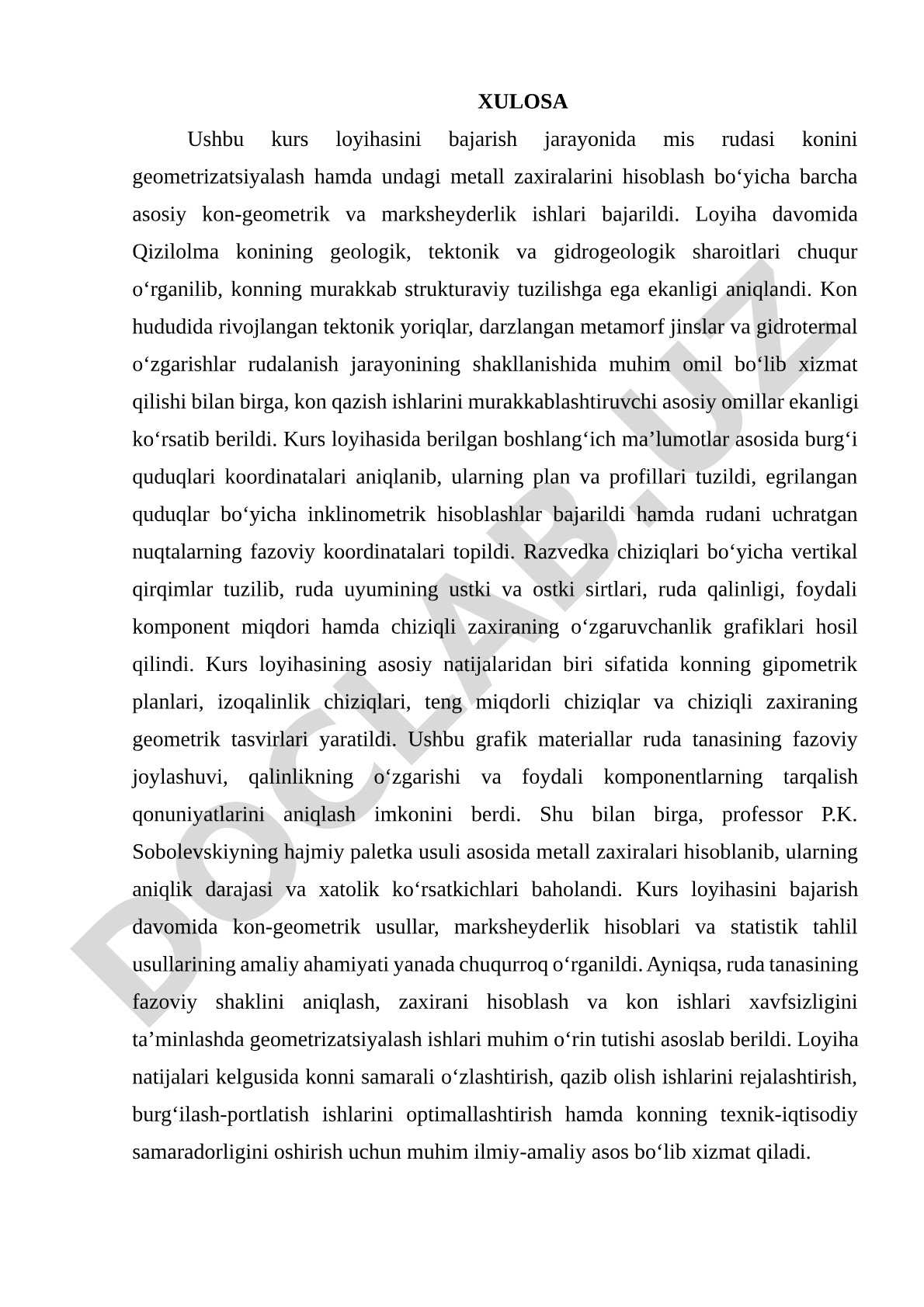Mis rudasi konini geometrizatsiyalash va metall zaxiralarini hisoblash