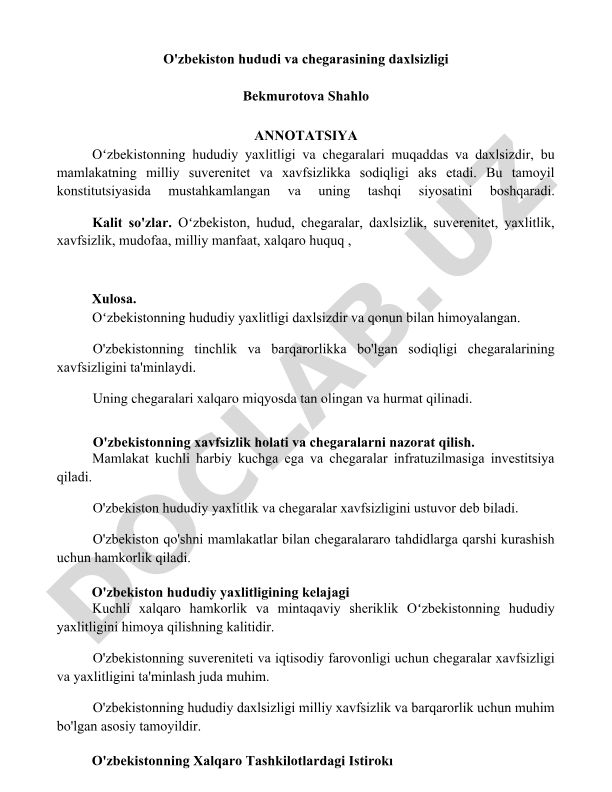O'zbekiston hududi va chegarasining daxlsizligi