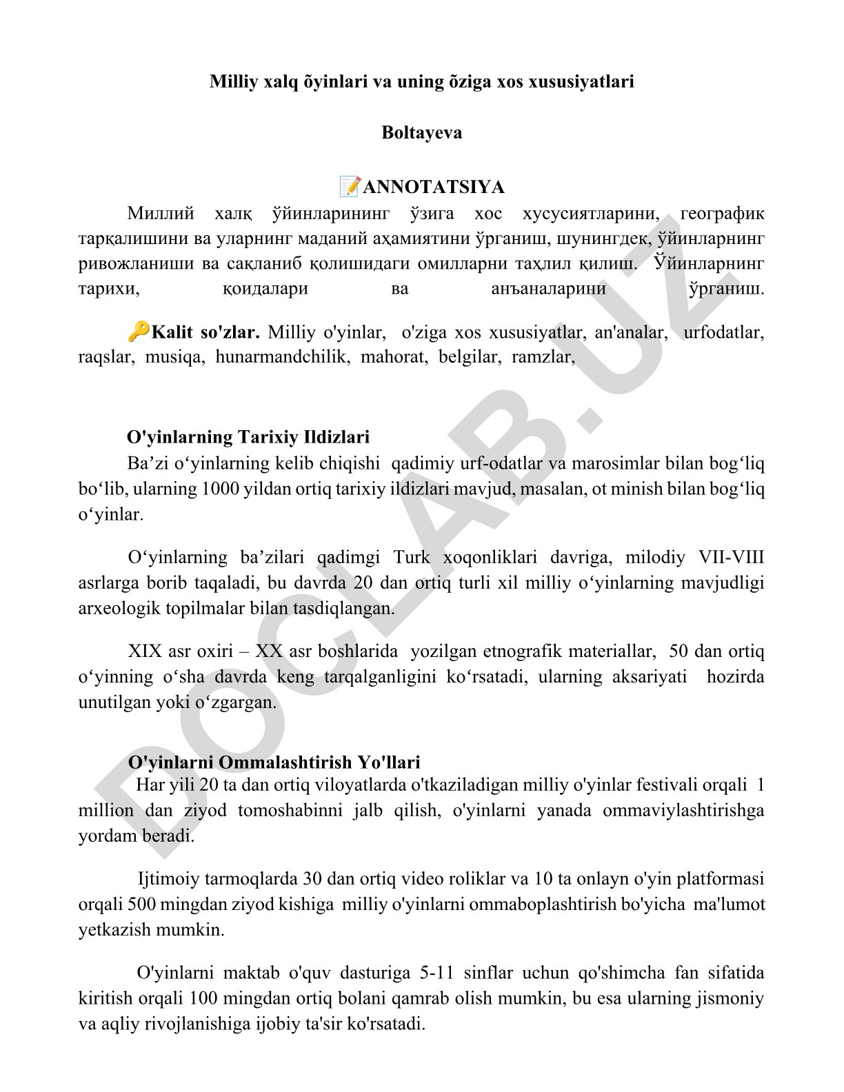 Milliy xalq o'yinlari va uning o'ziga xos xususiyatlari