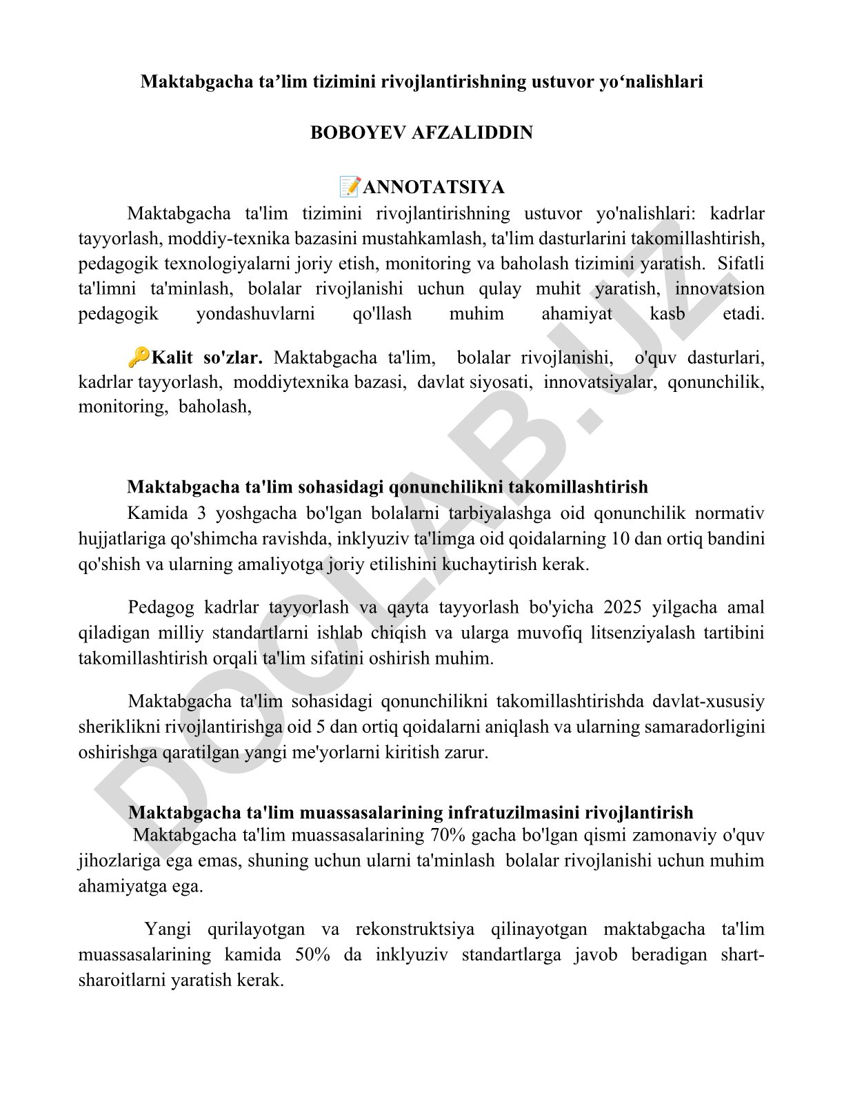 Maktabgacha taʼlim tizimini rivojlantirishning ustuvor yoʻnalishlari