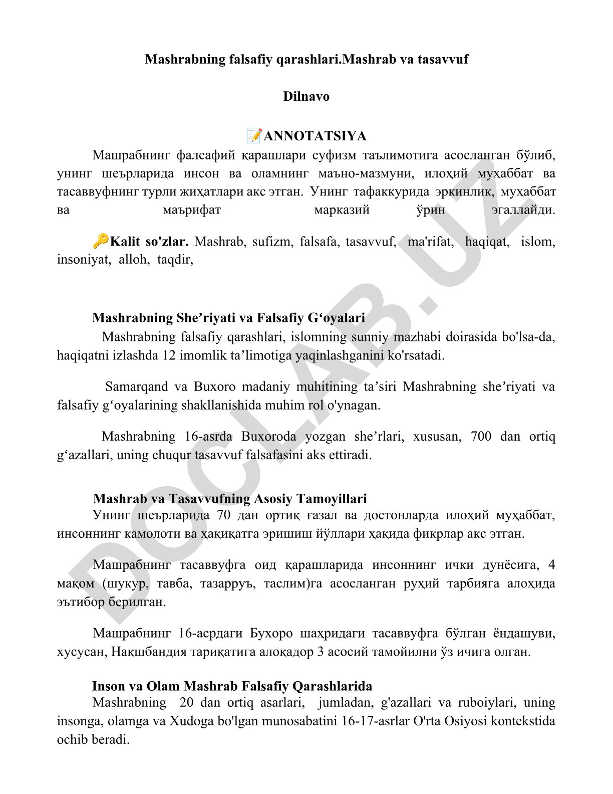 Mashrabning falsafiy qarashlari va tasavvuf ta'limoti