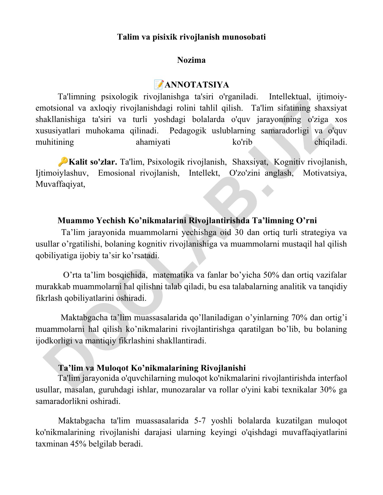 Ta'lim va psixik rivojlanish munosobati