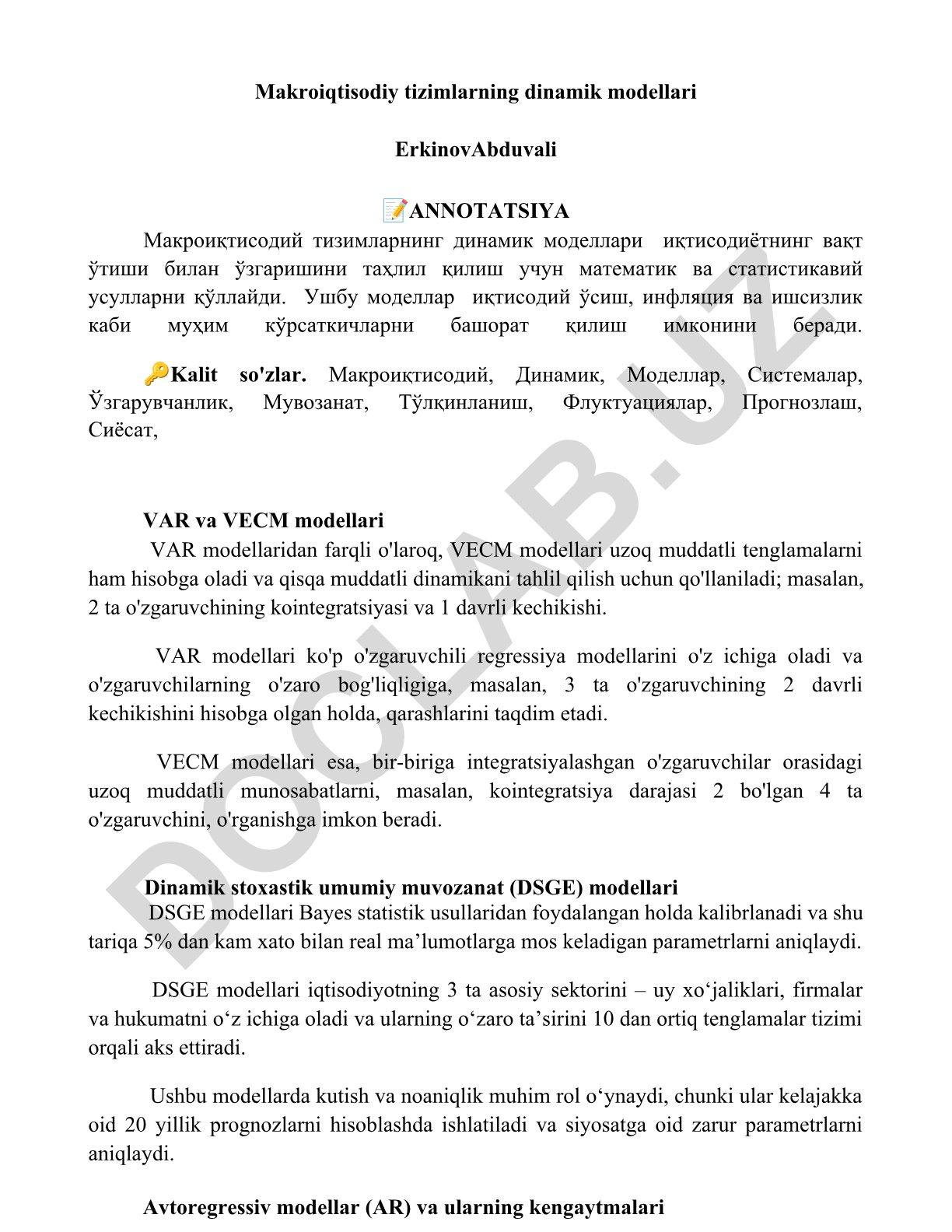 Makroiqtisodiy tizimlarning dinamik modellari
