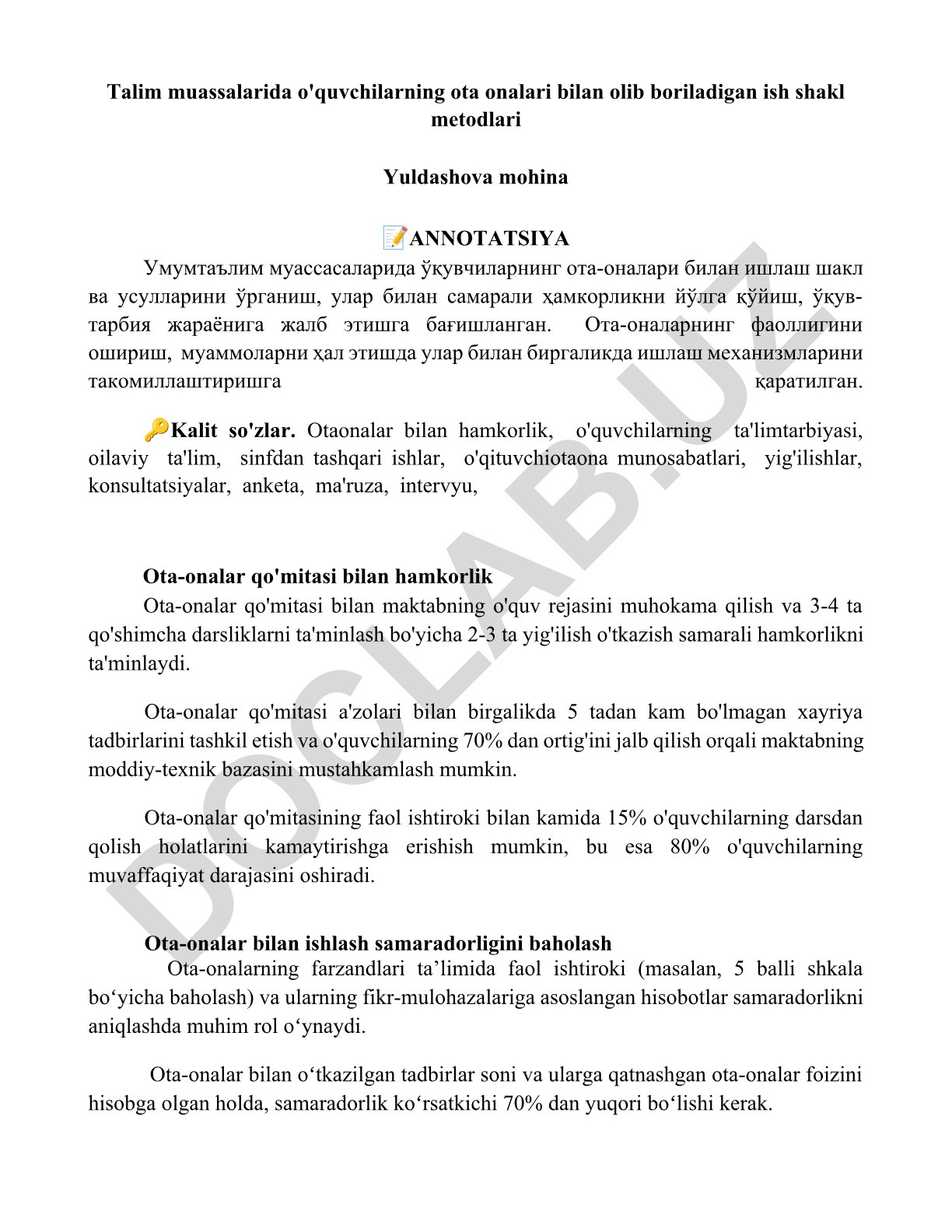 Umumta'lim muassasalarida o'quvchilarning ota-onalari bilan ishlash shakl va usullari