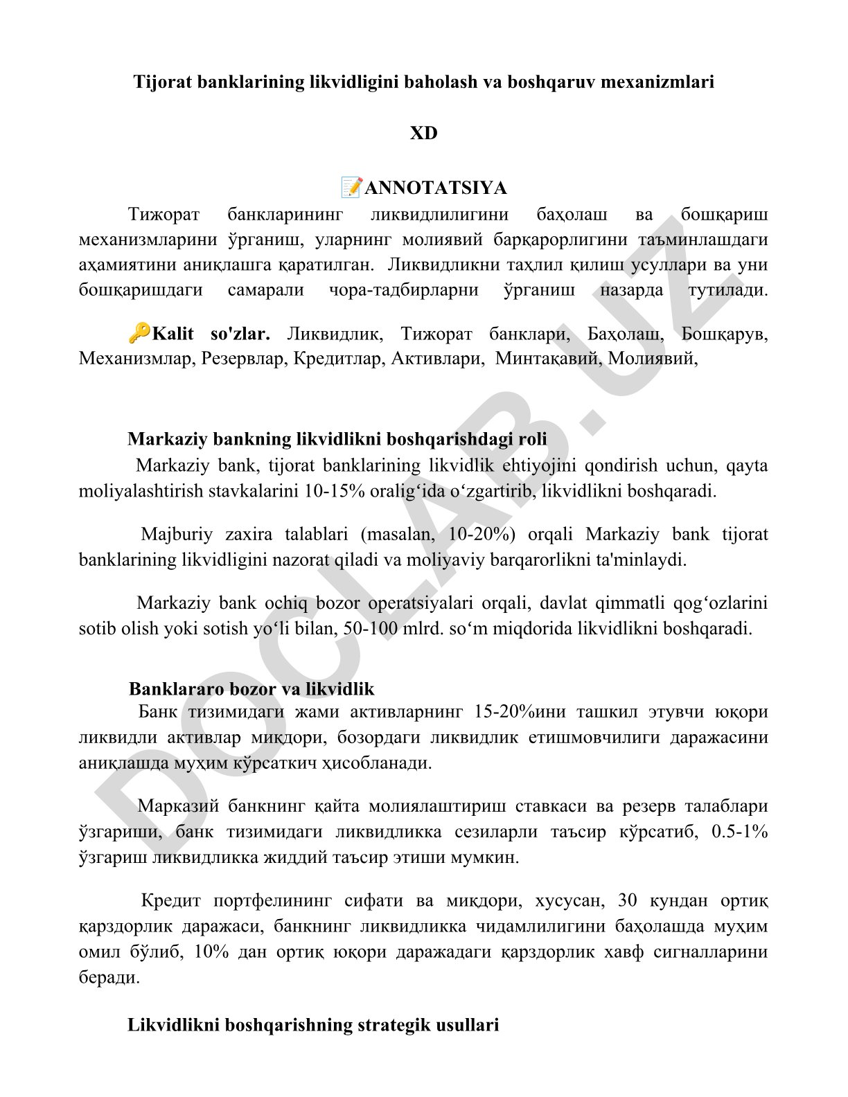 Tijorat banklarining likvidligini baholash va boshqaruv mexanizmlari
