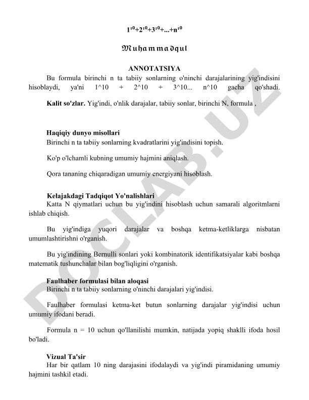 Birinchi n ta tabiiy sonlarning o'ninchi darajalari yig'indisi