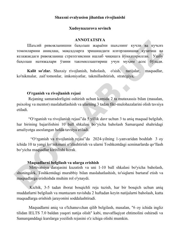 Shaxsni evalyusion jihatdan rivojlanishi va baholash