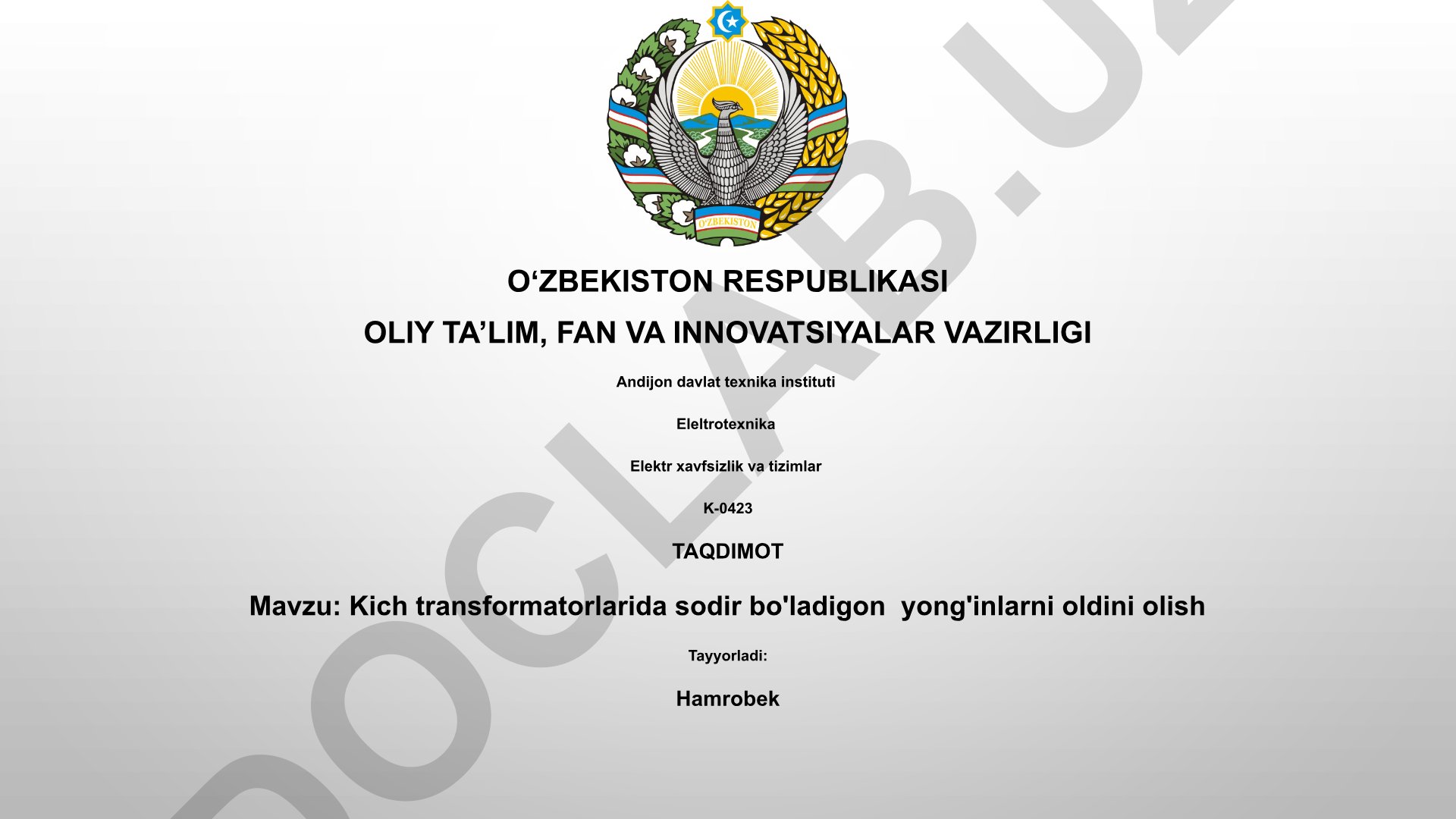 Kich transformatorlarida sodir bo'ladigon yong'inlarni oldini olish