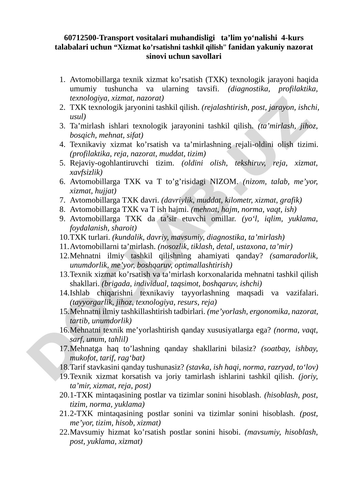 Xizmat ko'rsatishni tashkil qilish fanidan yakuniy nazorat sinovi savollari