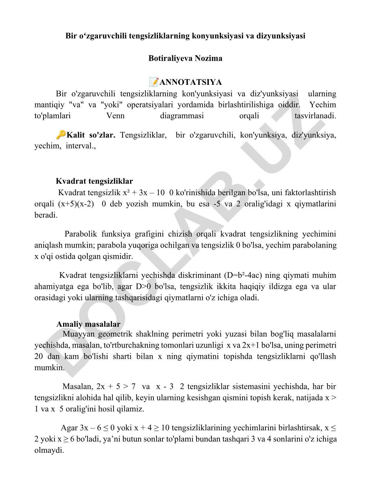 Bir o'zgaruvchili tengsizliklarning kon'yunksiyasi va diz'yunksiyasi