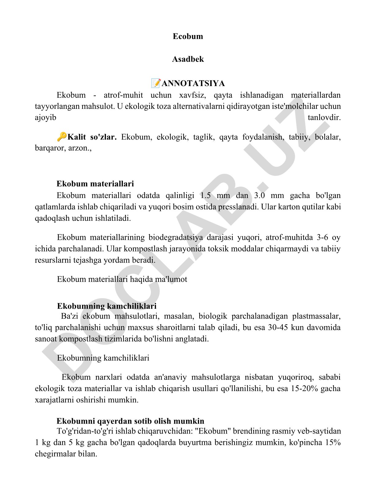 Ekobum - ekologik toza materiallar va ularning xususiyatlari