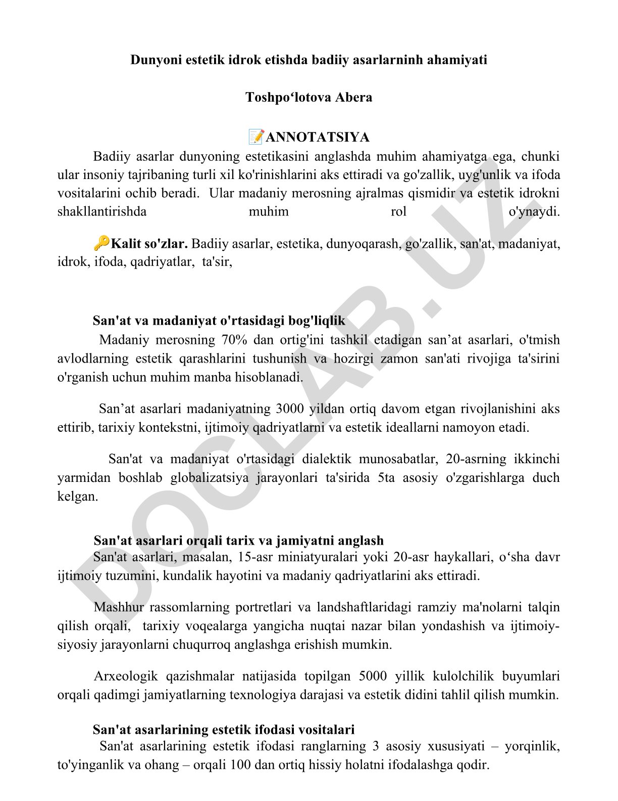 Badiiy asarlarning estetik idrokdagi ahamiyati