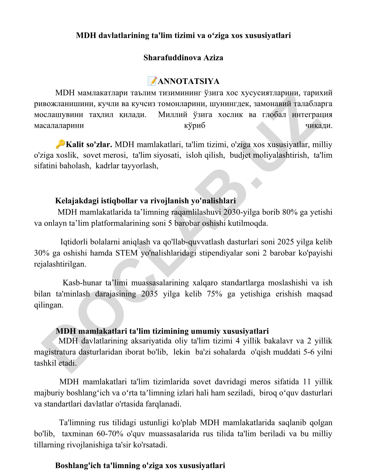 MDH davlatlarining ta'lim tizimi va oʻziga xos xususiyatlari