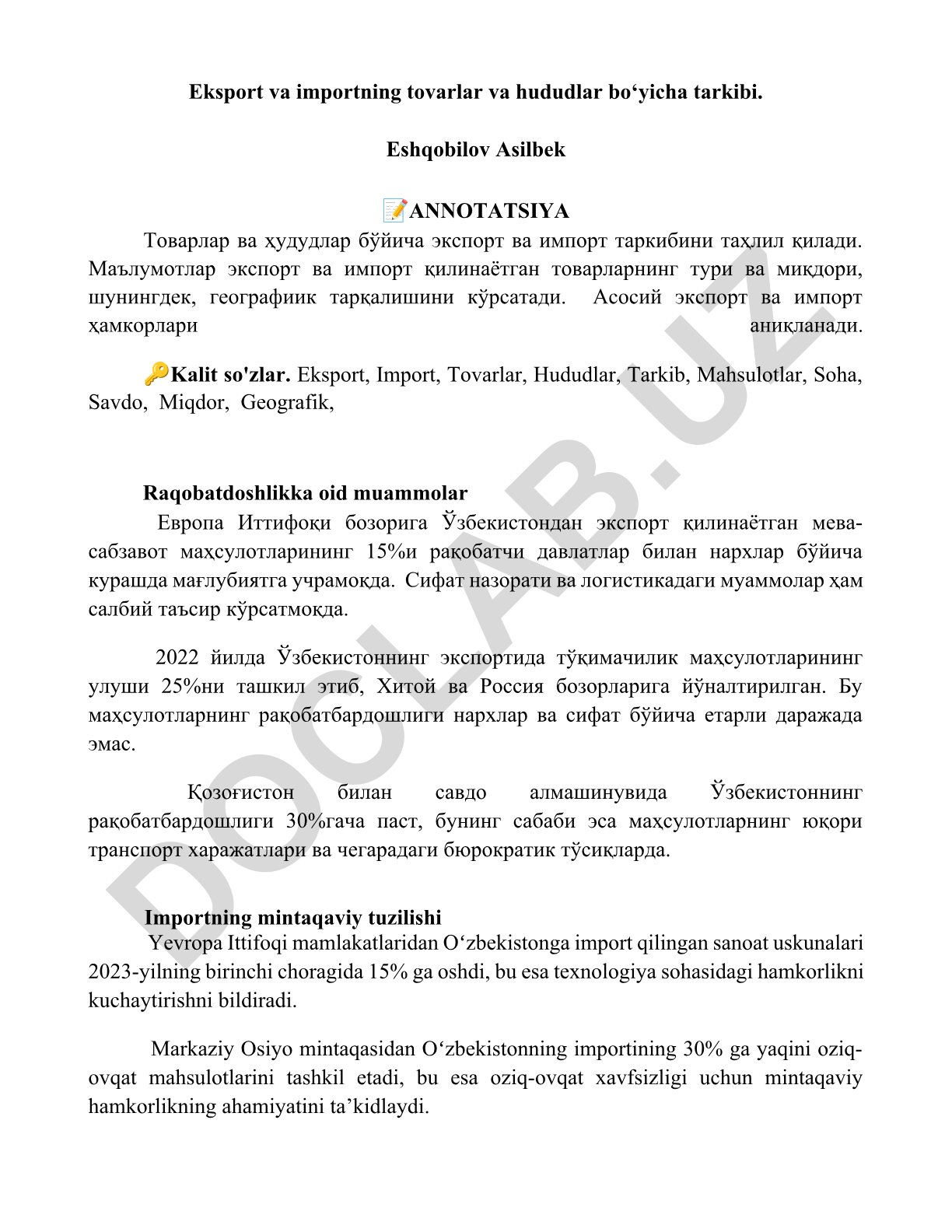 Eksport va importning tovarlar va hududlar bo‘yicha tarkibi