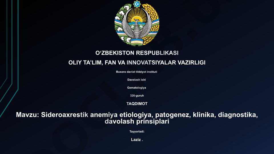 Sideroaxrestik anemiya etiologiya, patogenez, klinika, diagnostika, davolash prinsiplari