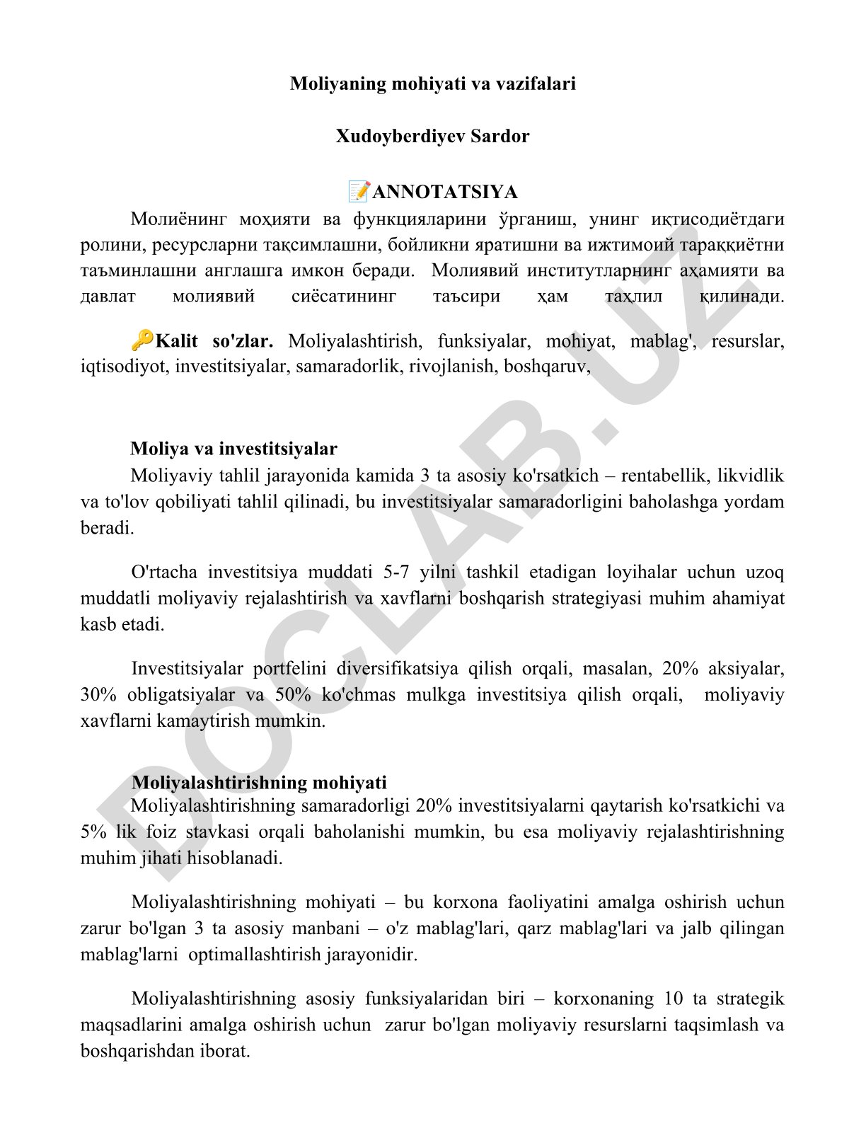Moliyaning mohiyati va vazifalari