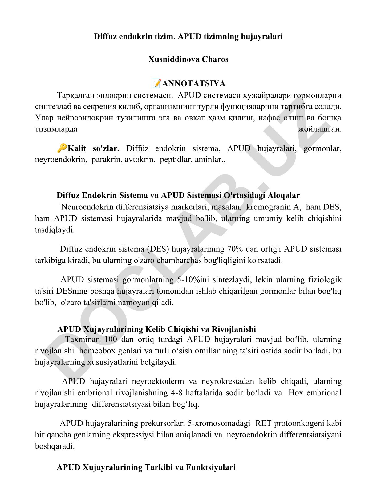 Diffuz endokrin tizim va APUD tizimining hujayralari