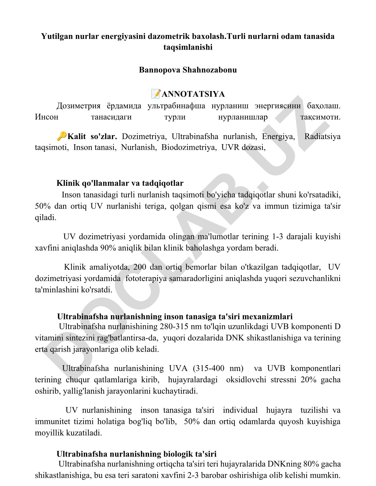 Yutilgan nurlar energiyasini dozimetrik baholash va inson tanasida taqsimlanishi