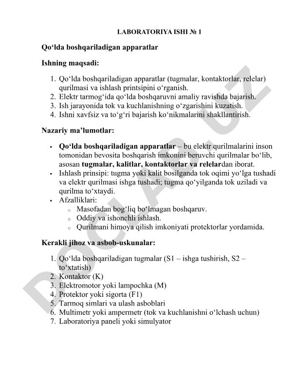 Qo‘lda boshqariladigan apparatlar laboratoriya ishi
