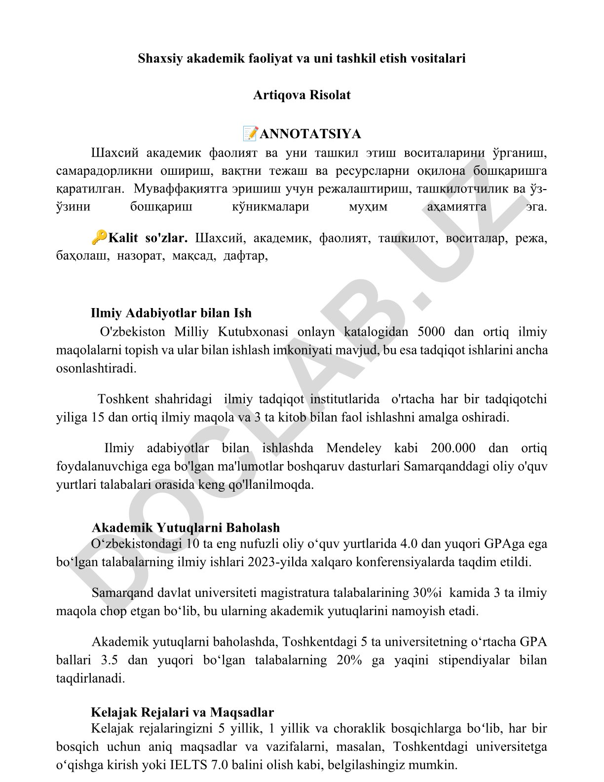 Shaxsiy akademik faoliyat va uni tashkil etish vositalari