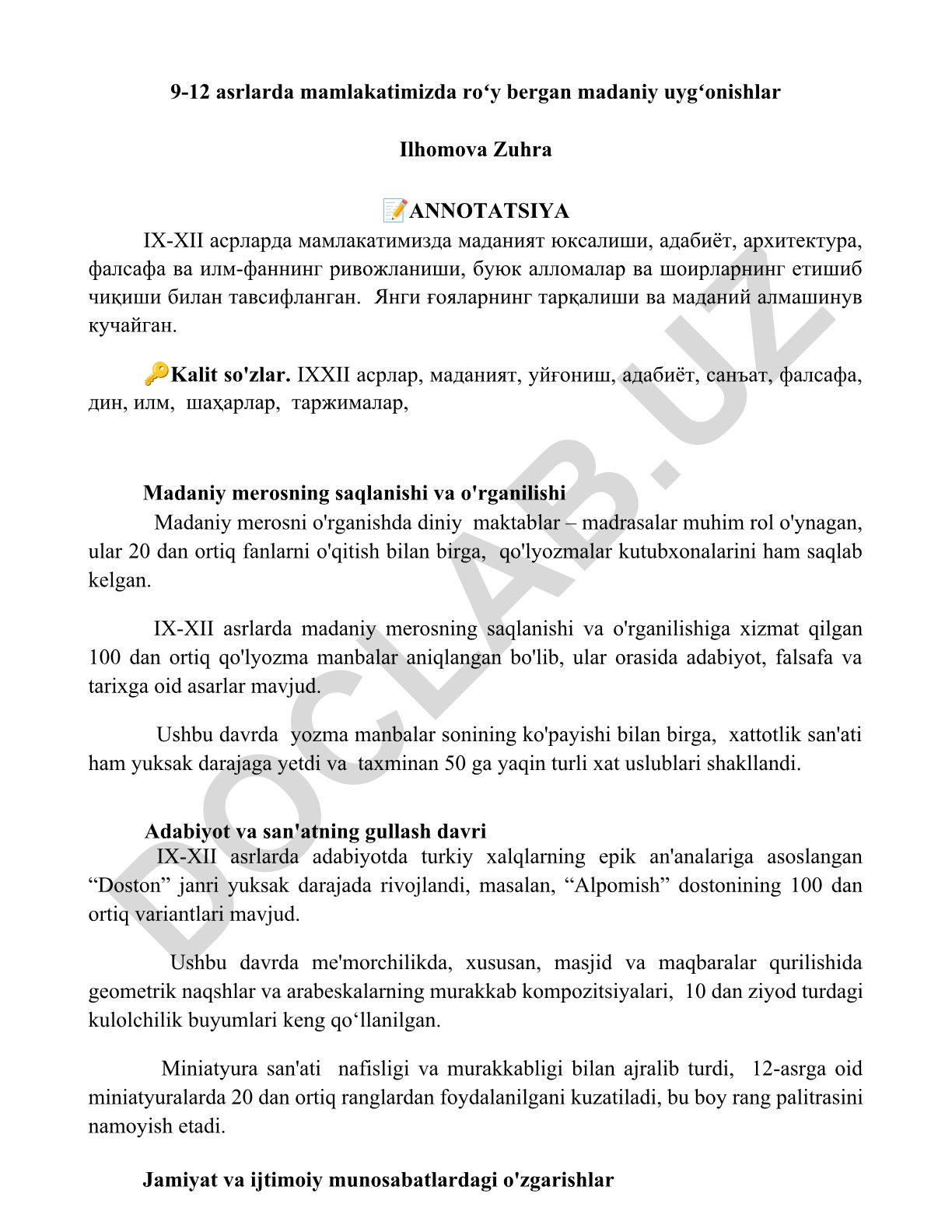 IX-XII asrlarda O'zbekistonda madaniy uyg'onish va meros
