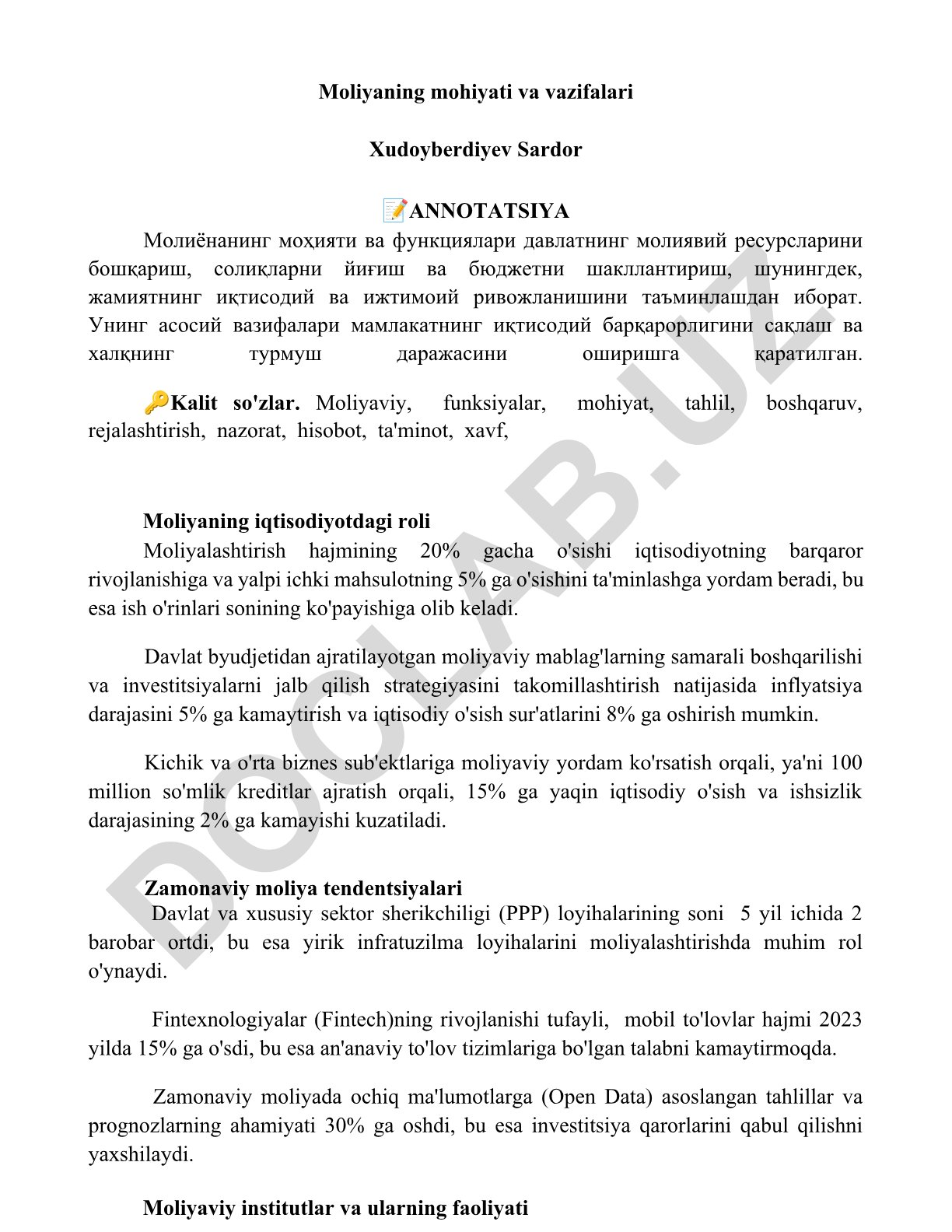 Moliyaning mohiyati va vazifalari