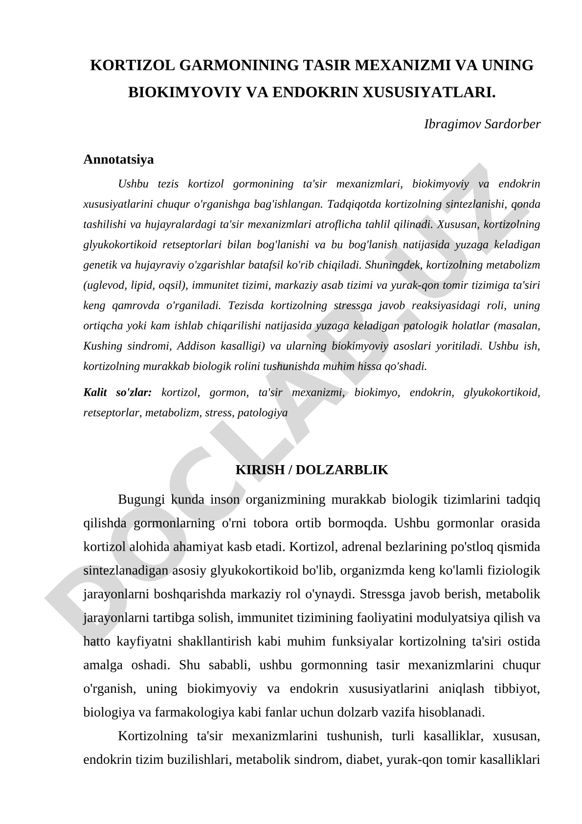 Kortizol gormonining ta'sir mexanizmi va uning biokimyoviy va endokrin xususiyatlari