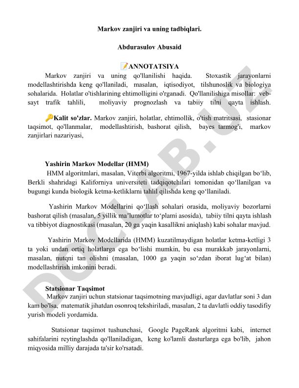Markov zanjiri va uning tadbiqlari