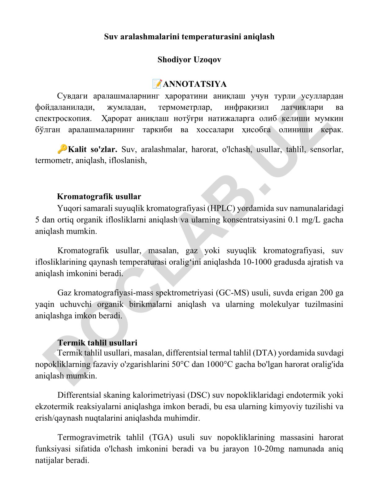 Suv aralashmalarini temperaturasini aniqlash
