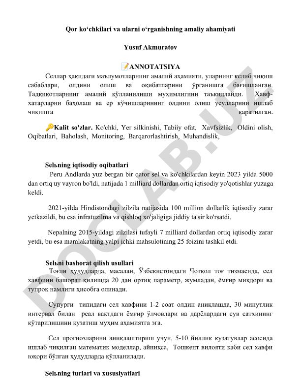 Qor ko'chkilari va ularni o'rganishning amaliy ahamiyati