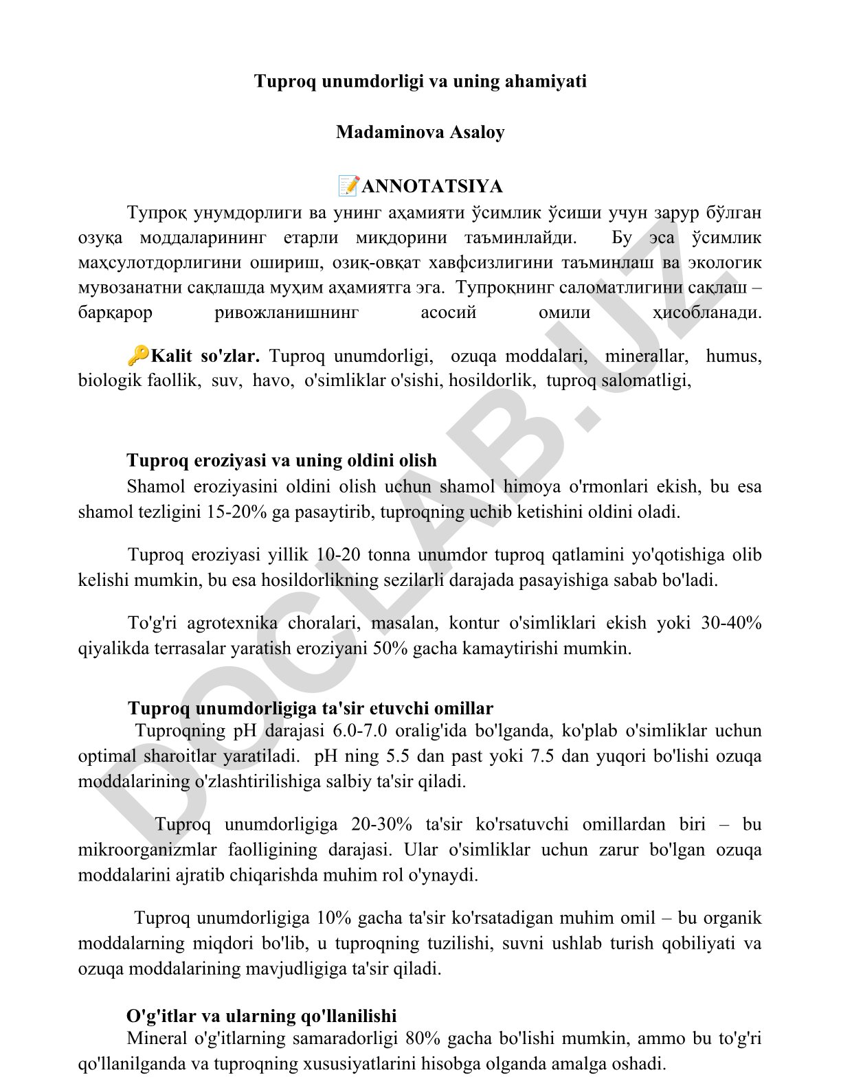 Tuproq unumdorligi va uning ahamiyati