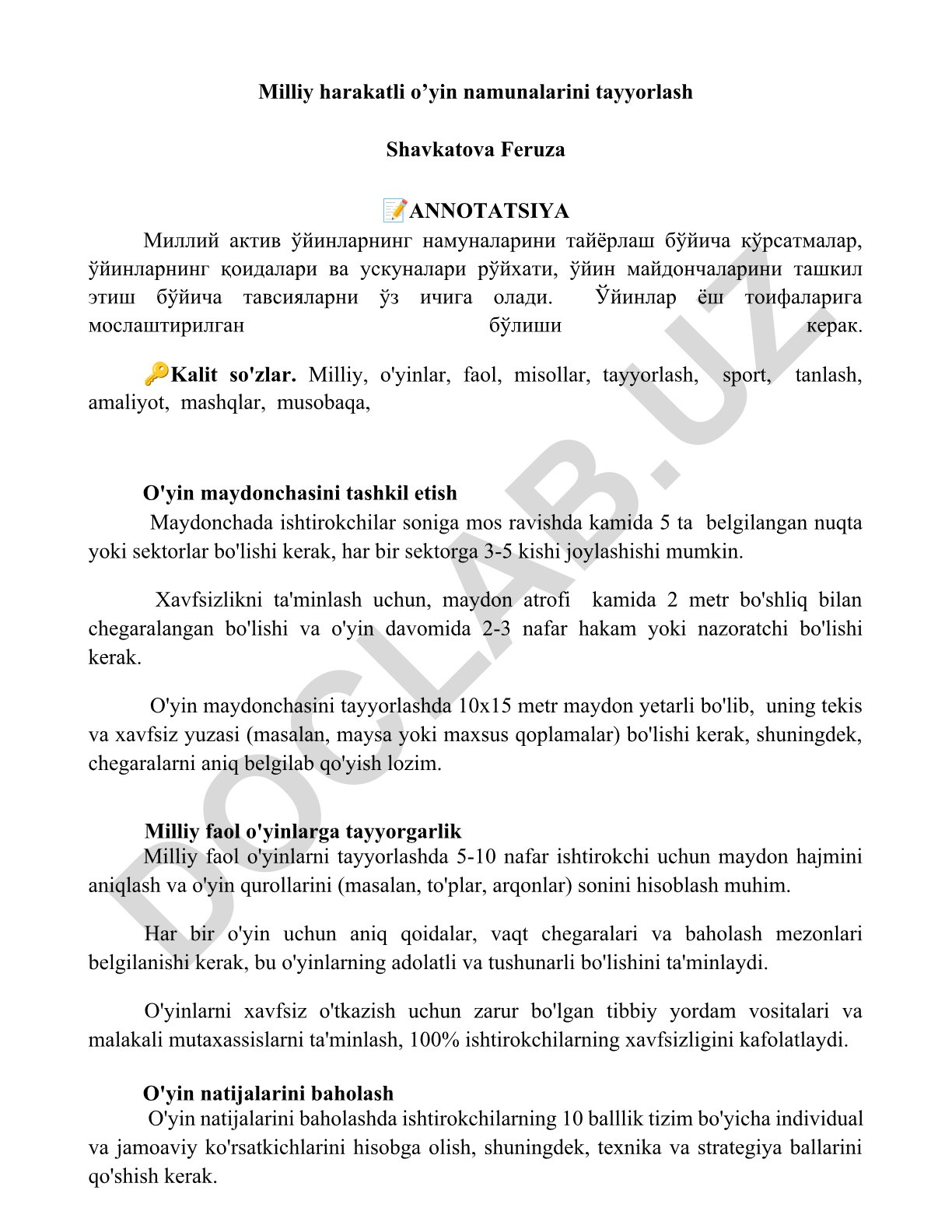 Milliy harakatli o'yin namunalarini tayyorlash