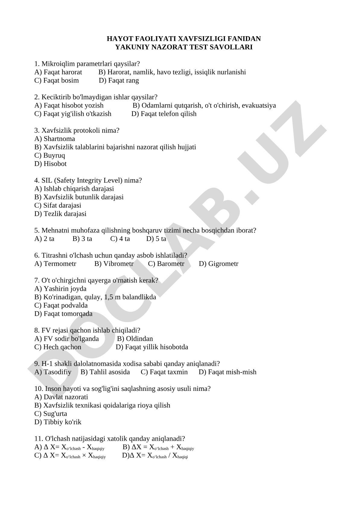 Hayot faoliyati xavfsizligi fanidan yakuniy nazorat test savollari
