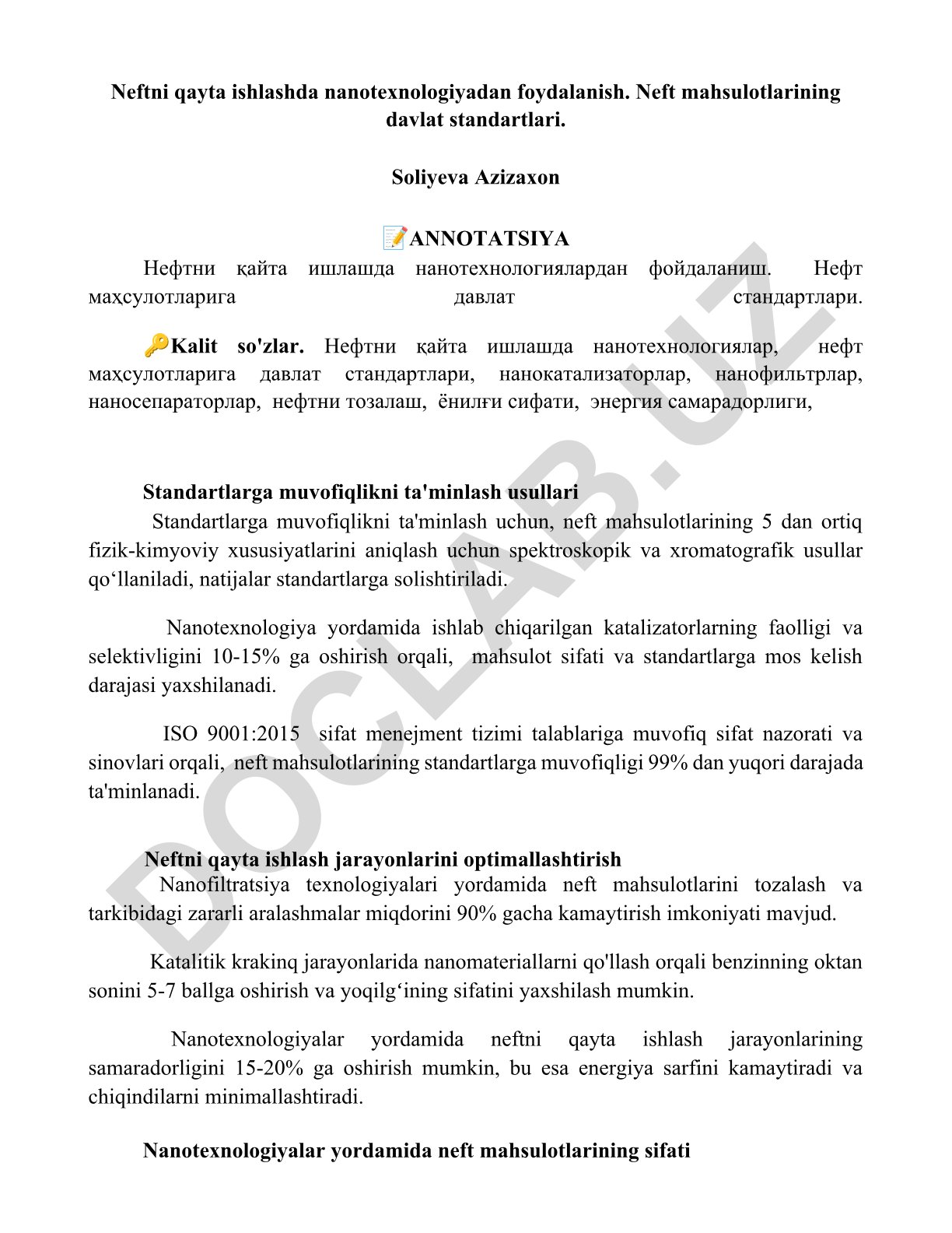Neftni qayta ishlashda nanotexnologiyadan foydalanish va davlat standartlari