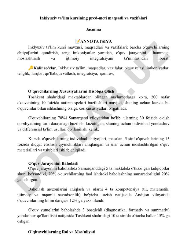 Inklyuziv ta'lim kursining pred-meti maqsadi va vazifalari