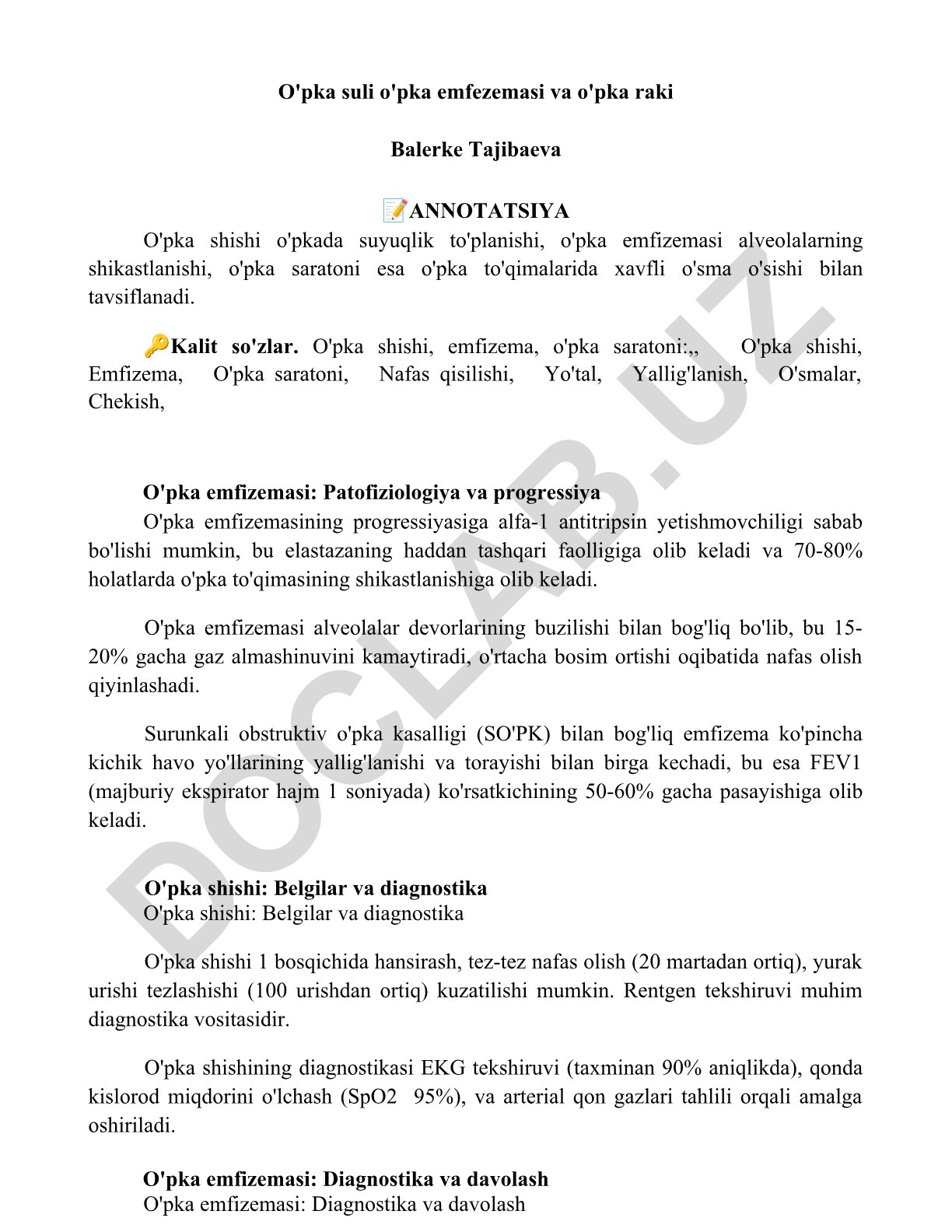 O'pka kasalliklari: shishi, emfizema va saraton