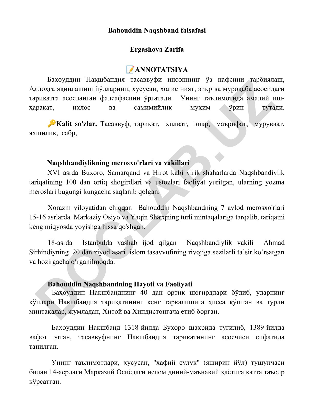 Bahouddin Naqshband falsafasi va Naqshbandiylik tariqati