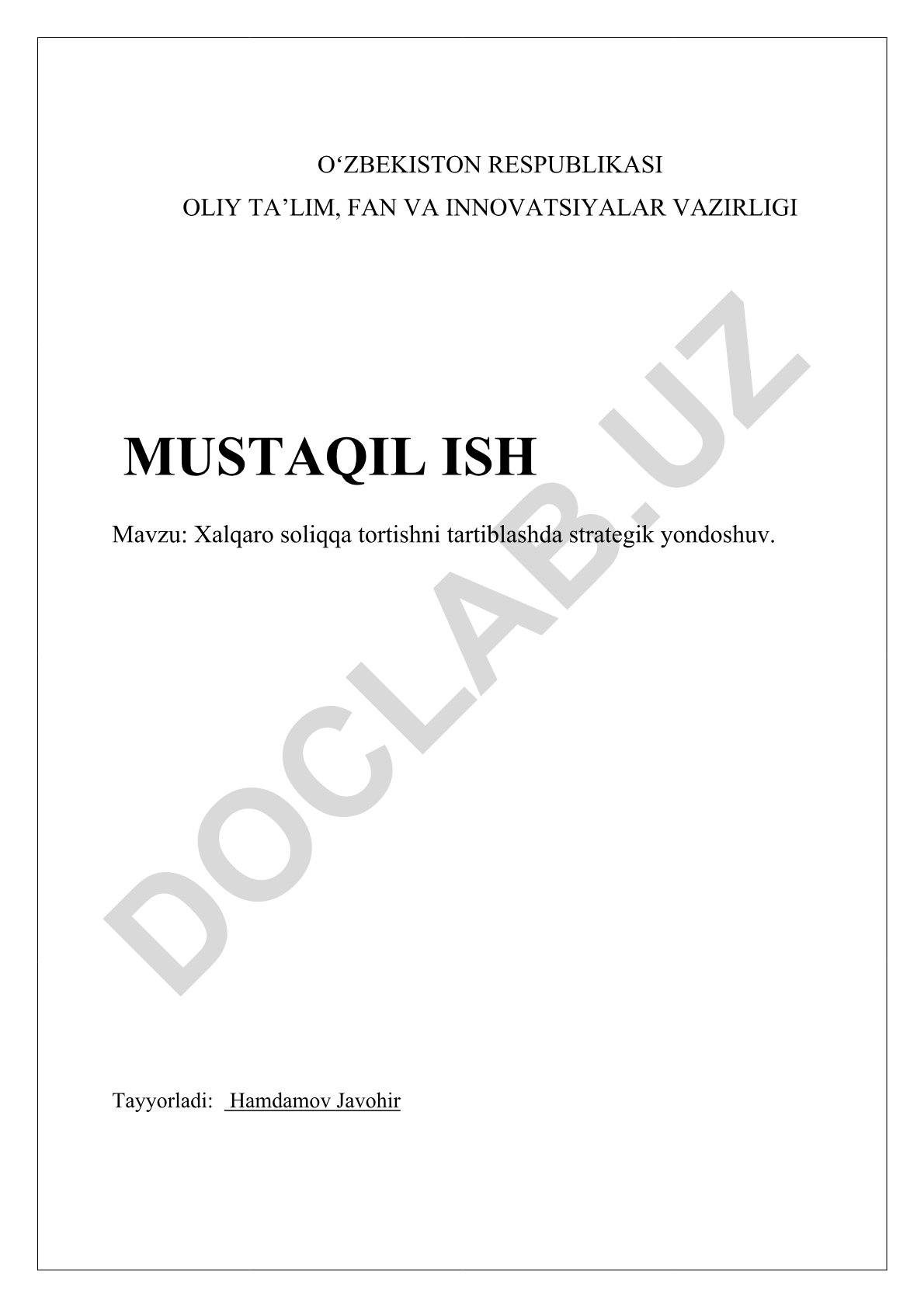 Xalqaro soliqqa tortishni tartiblashda strategik yondoshuv