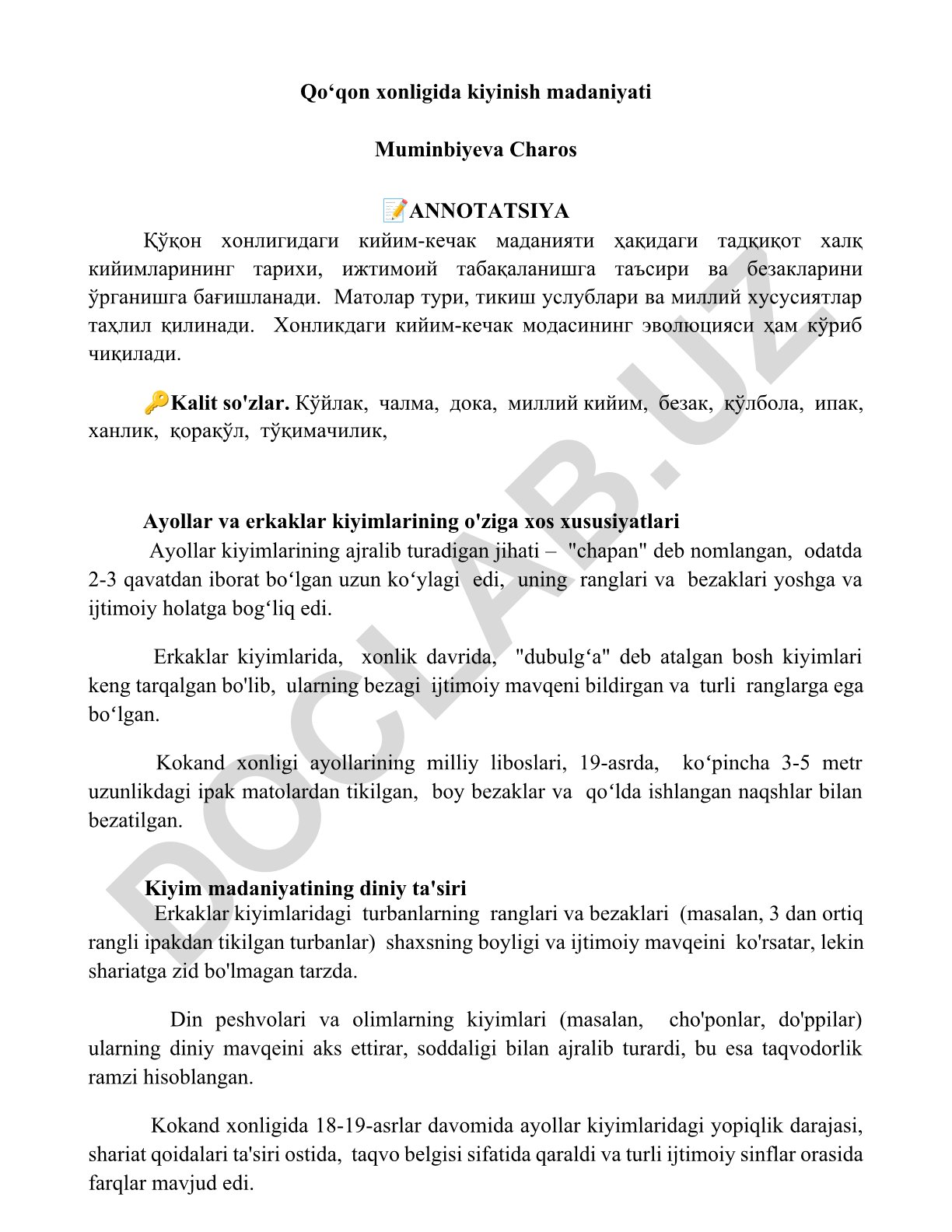 Qo‘qon xonligida kiyinish madaniyati