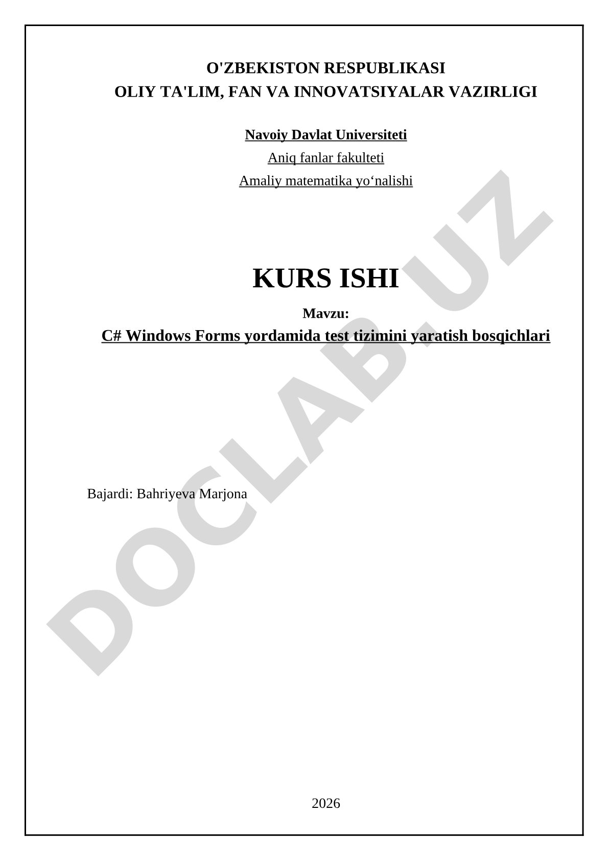 C# Windows Forms yordamida test tizimini yaratish bosqichlari