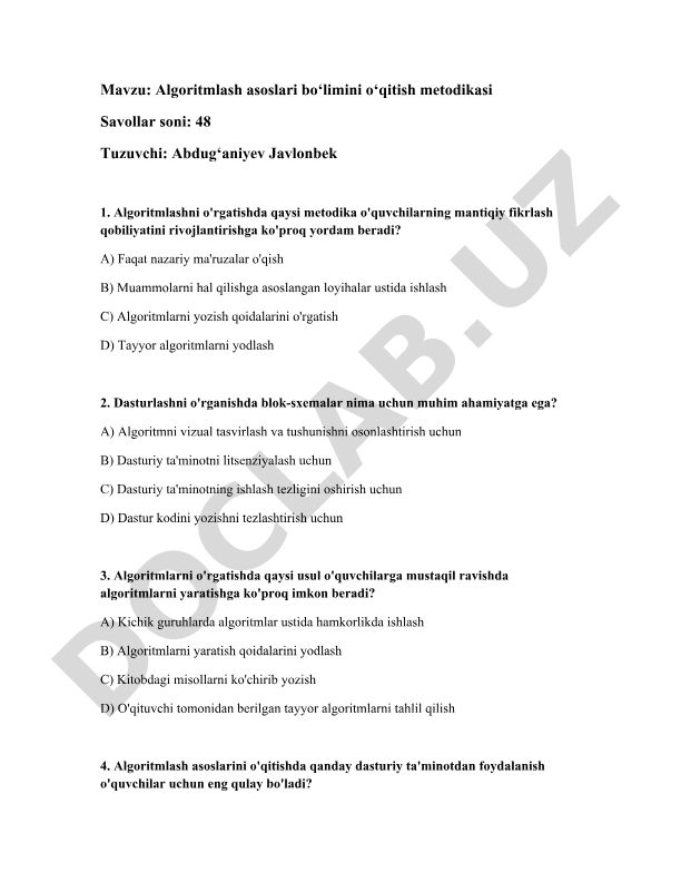 Algoritmlash asoslari bo‘limini o‘qitish metodikasi