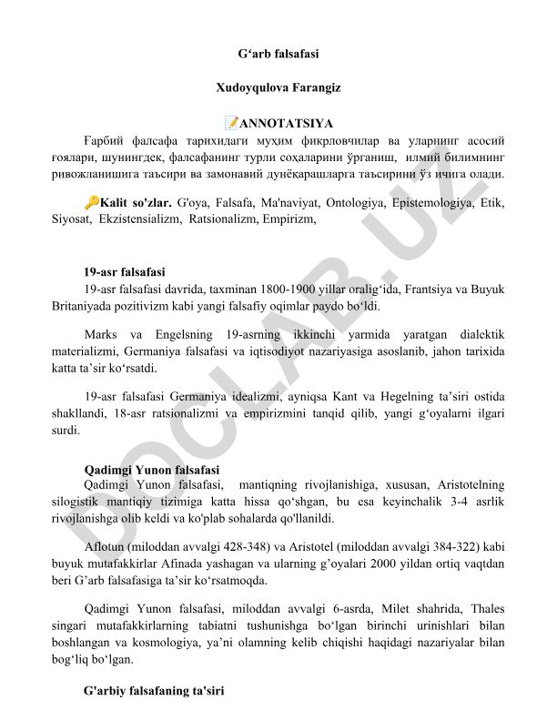 G'arb falsafasi tarixi va asosiy g'oyalar