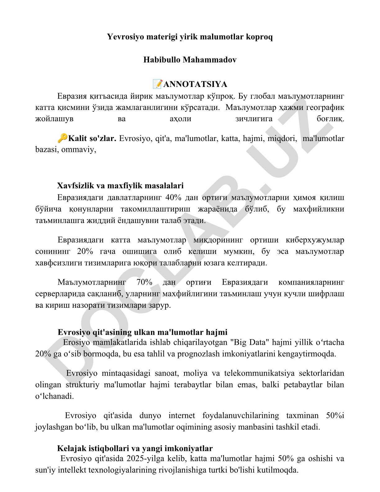 Yevrosiyo qit'asida yirik ma'lumotlar hajmi va xavfsizlik masalalari