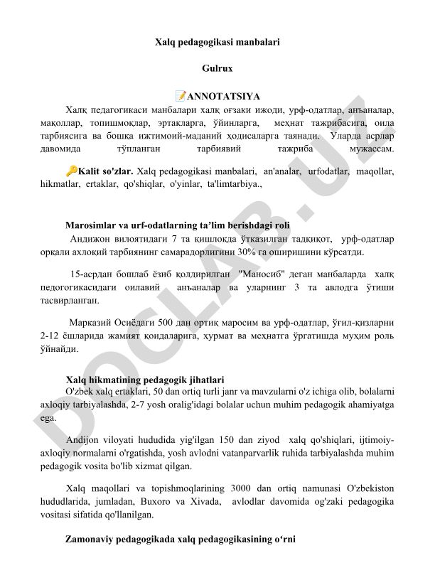 Xalq pedagogikasi manbalari va ularning ta'lim-tarbiyadagi roli