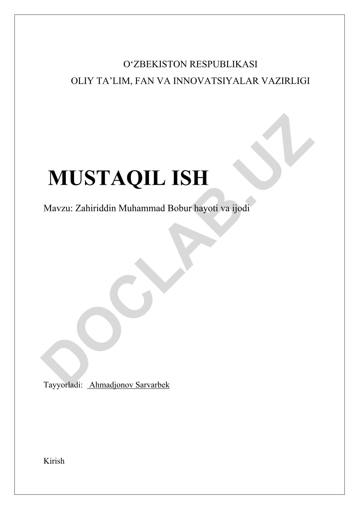 Zahiriddin Muhammad Bobur hayoti va ijodi