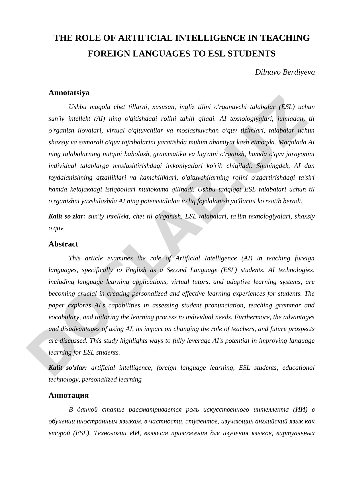 The Role of Artificial Intelligence in Teaching Foreign Languages to ESL Students