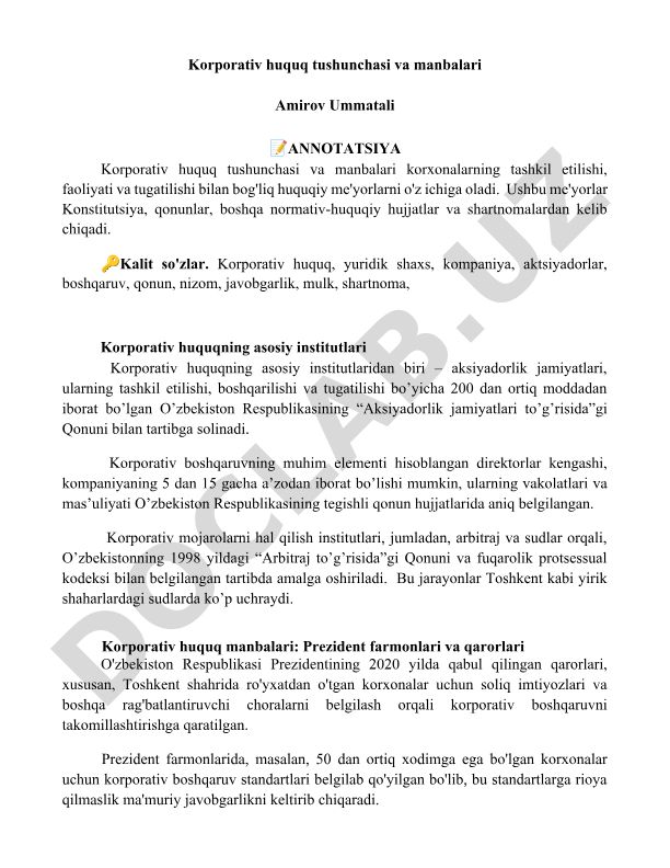 Korporativ huquq tushunchasi va manbalari