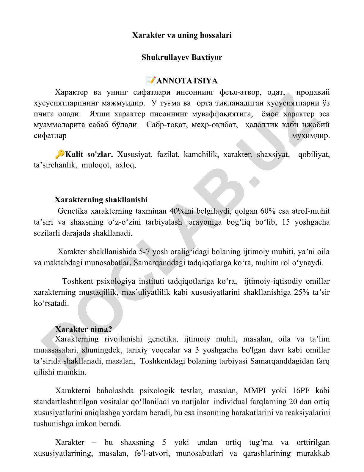 Xarakter va uning hossalari